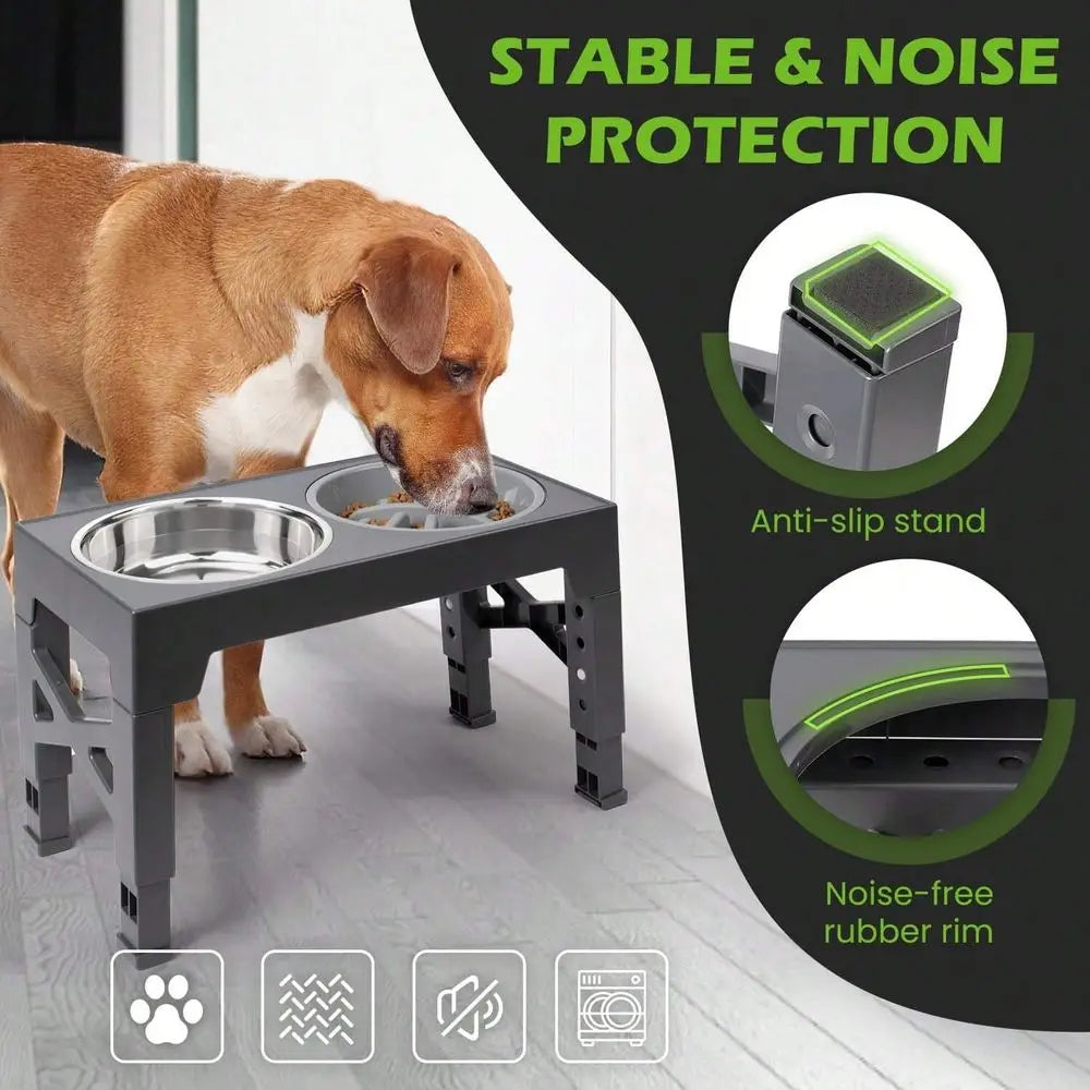 2 Stainless Steel Dog Bowls, Raised, Adjustable Heights, Stand