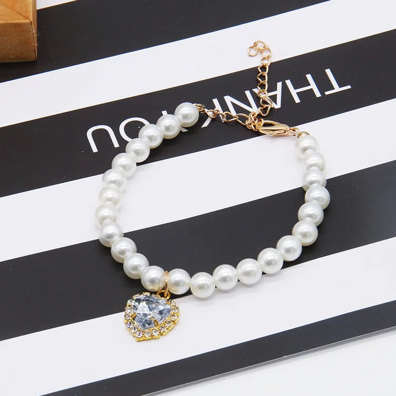 Pearl Necklace Cat Collar With Heart Stone