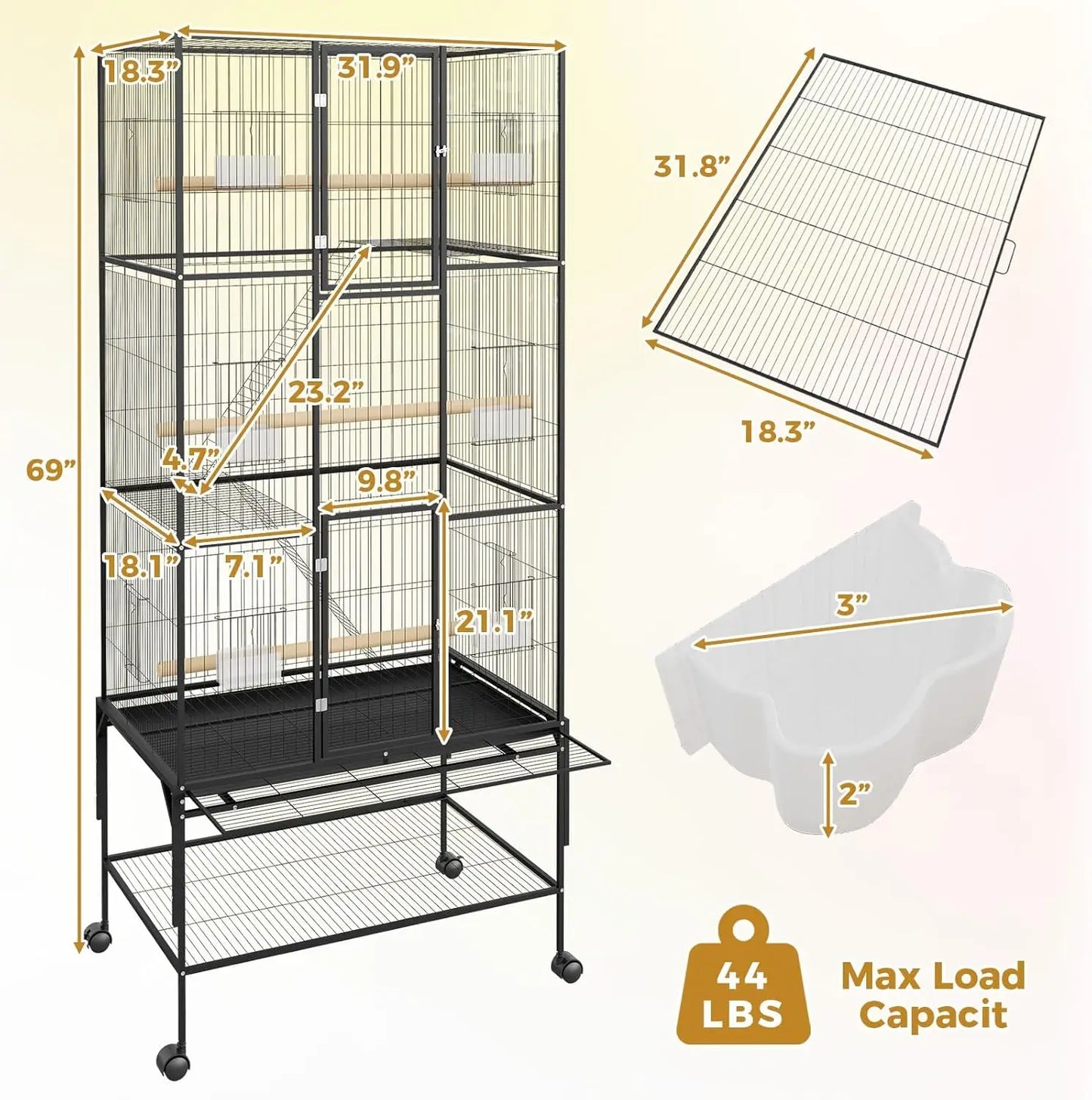 69-Inch Rolling Bird Cage with Storage Shelf,Feed Bowls & Wood Perches