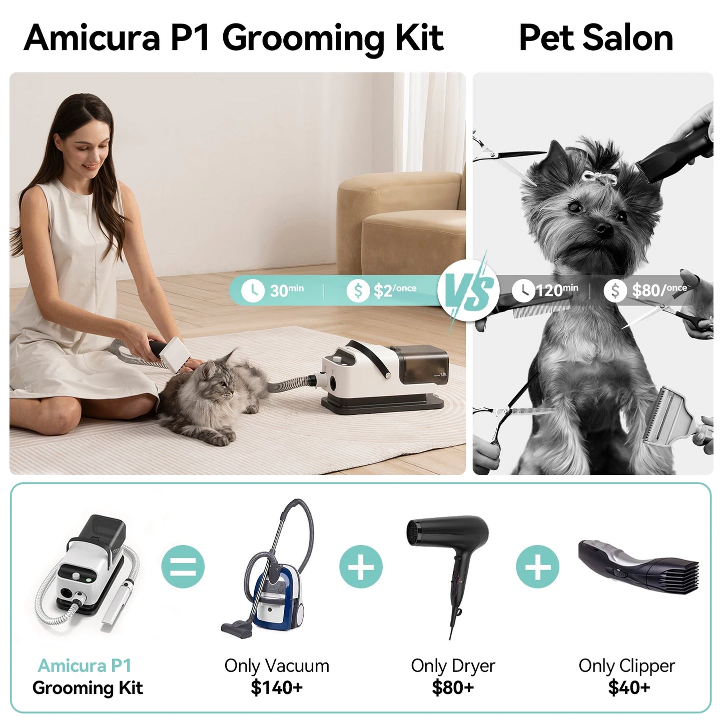 Vacuum Cleaner & Hair Dryer, Pet Grooming Tool Set