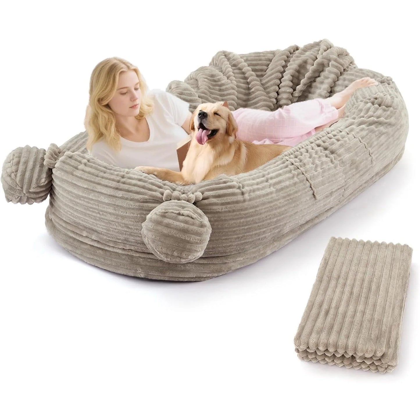 Human Size Dog Bed For Adults & Pets, Storage Pockets, Matching Blanket