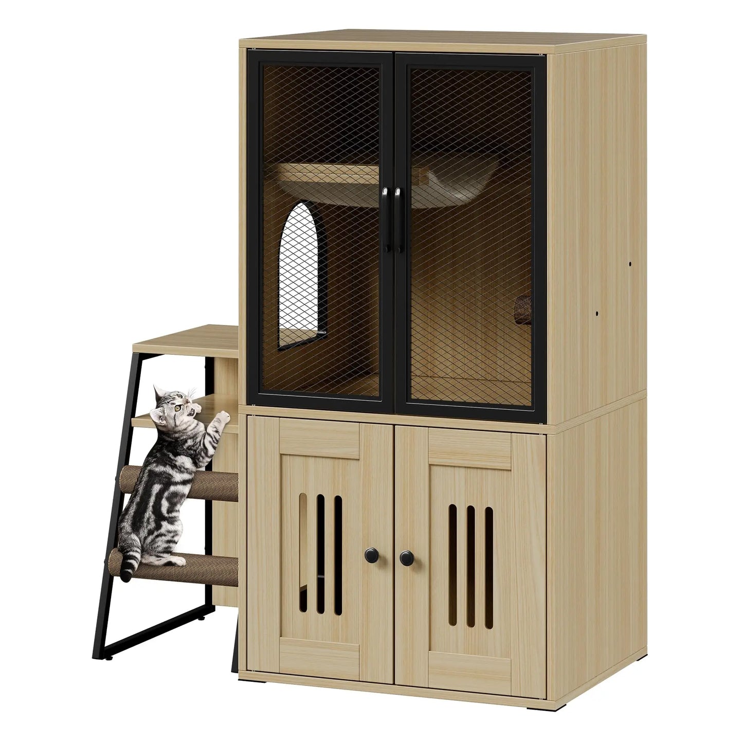 Multifunctional Cat Litter Box, Storage, Sisal Ladder Playhouse