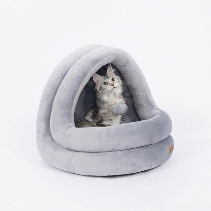 Hooded  Cat House Bed with Hanging Ball