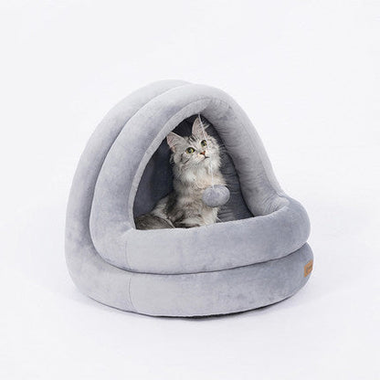 Hooded  Cat House Bed with Hanging Ball