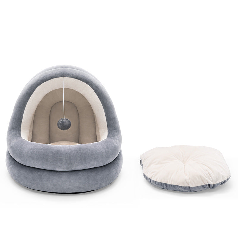 Hooded  Cat House Bed with Hanging Ball