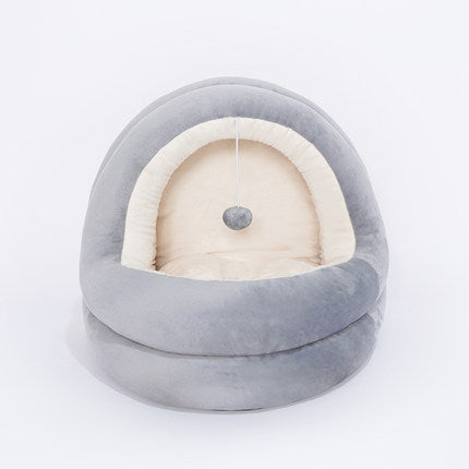 Hooded  Cat House Bed with Hanging Ball