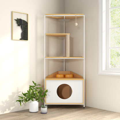Corner Cat Tower with Feeding Station and Climbing Platforms