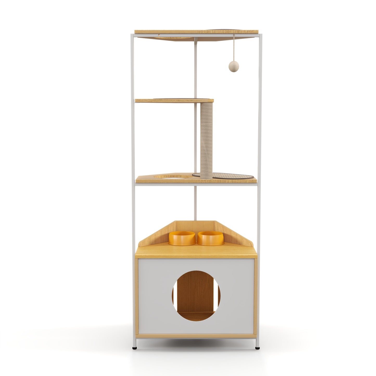 Corner Cat Tower with Feeding Station and Climbing Platforms