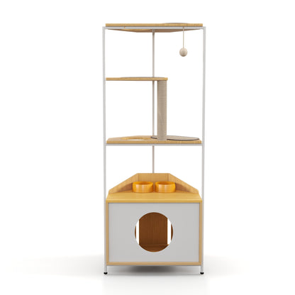 Corner Cat Tower with Feeding Station and Climbing Platforms
