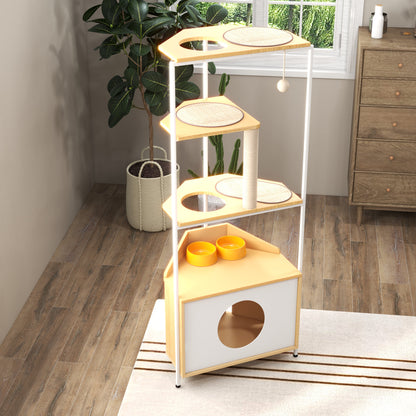 Corner Cat Tower with Feeding Station and Climbing Platforms
