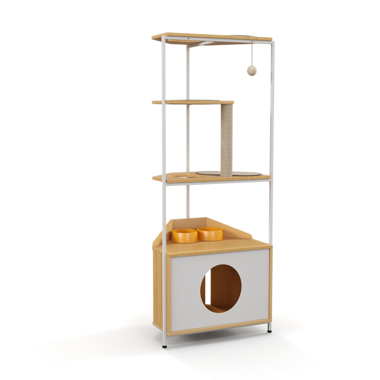 Corner Cat Tower with Feeding Station and Climbing Platforms