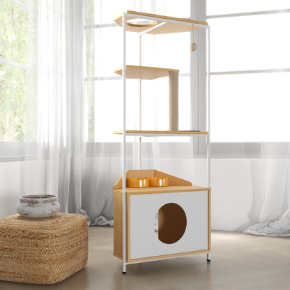 Corner Cat Tower with Feeding Station and Climbing Platforms