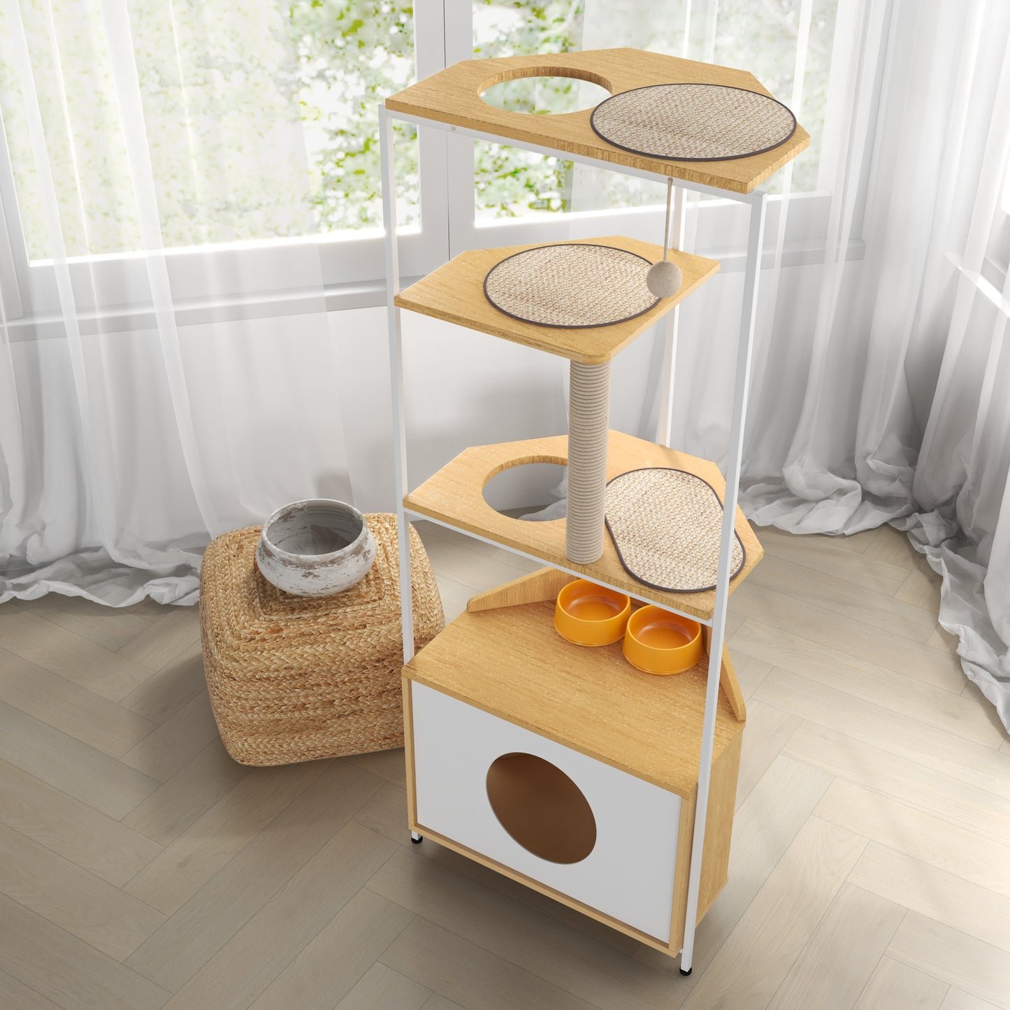 Corner Cat Tower with Feeding Station and Climbing Platforms