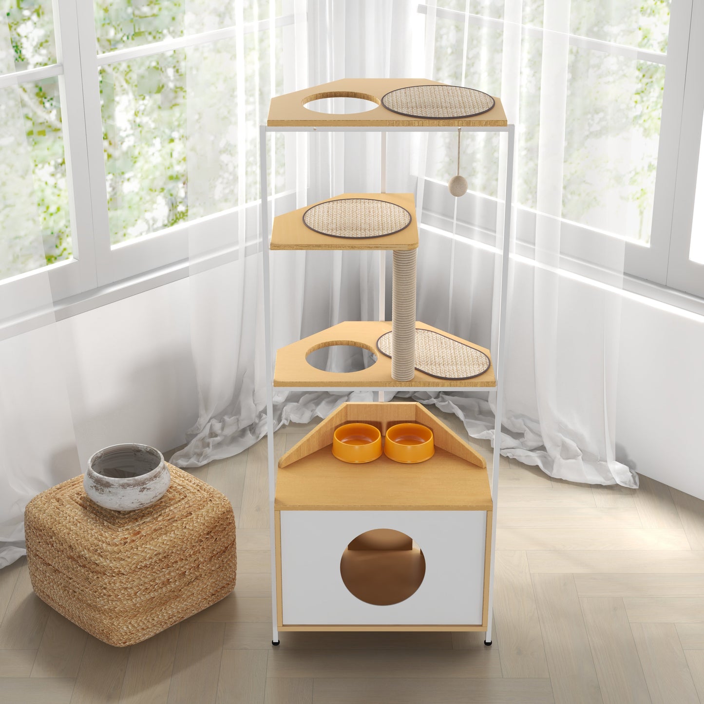 Corner Cat Tower with Feeding Station and Climbing Platforms