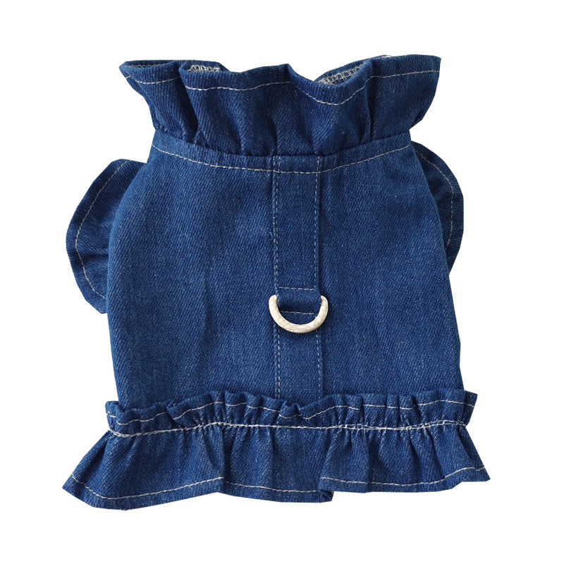 Pets Jean Dress with Ruffles Vest Leash Hook