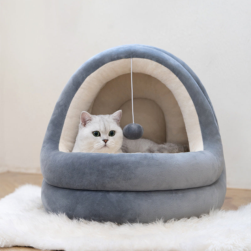 Hooded  Cat House Bed with Hanging Ball