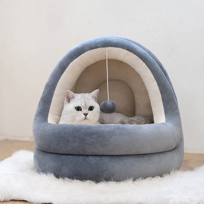 Hooded  Cat House Bed with Hanging Ball