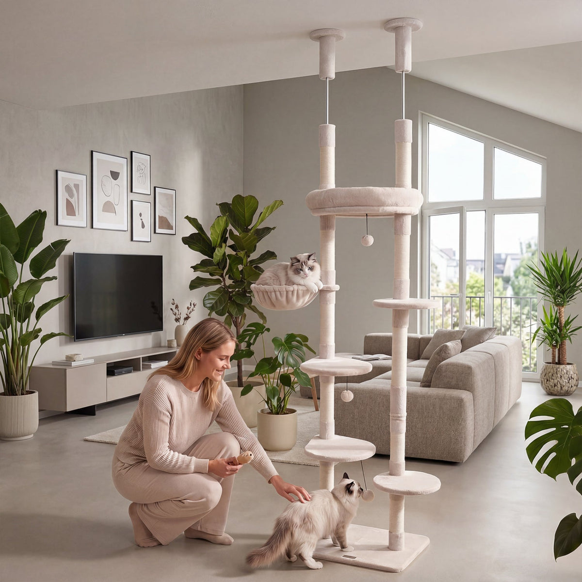 Floor-to-Ceiling Cat Tree with 6 Tiers and Hammock