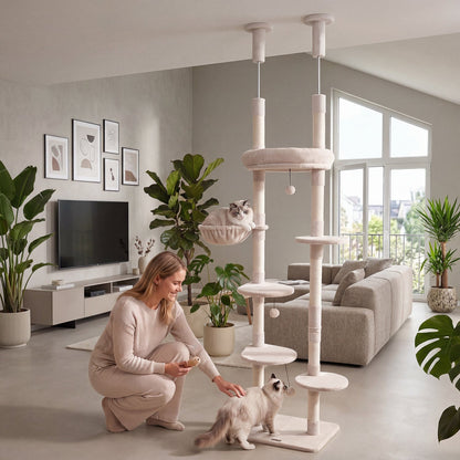 Floor-to-Ceiling Cat Tree with 6 Tiers and Hammock