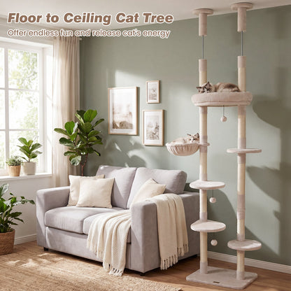 Floor-to-Ceiling Cat Tree with 6 Tiers and Hammock