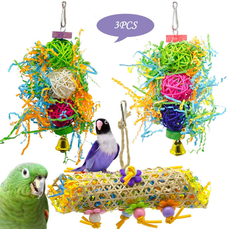 3pcs Bird Foraging Toys Rattan Ball Grass Wooden Toys