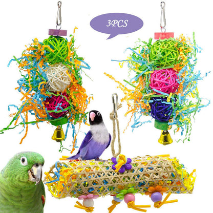 3pcs Bird Foraging Toys Rattan Ball Grass Wooden Toys