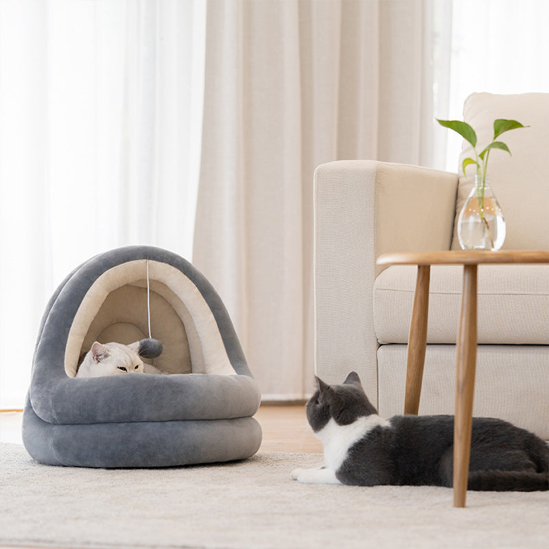 Hooded  Cat House Bed with Hanging Ball