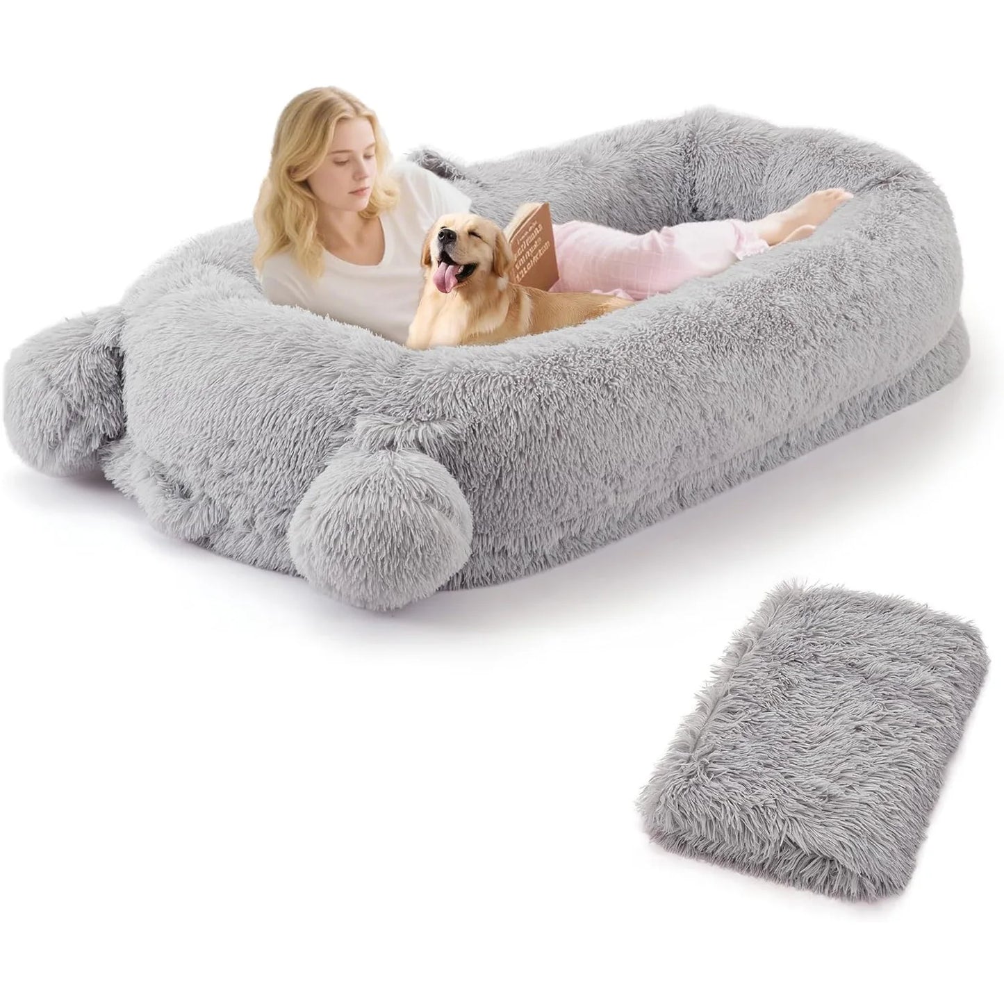 Human Size Dog Bed For Adults & Pets, Storage Pockets, Matching Blanket