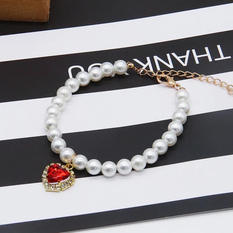 Pearl Necklace Cat Collar With Heart Stone
