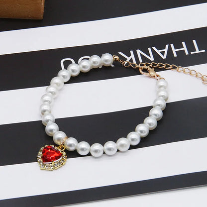 Pearl Necklace Cat Collar With Heart Stone