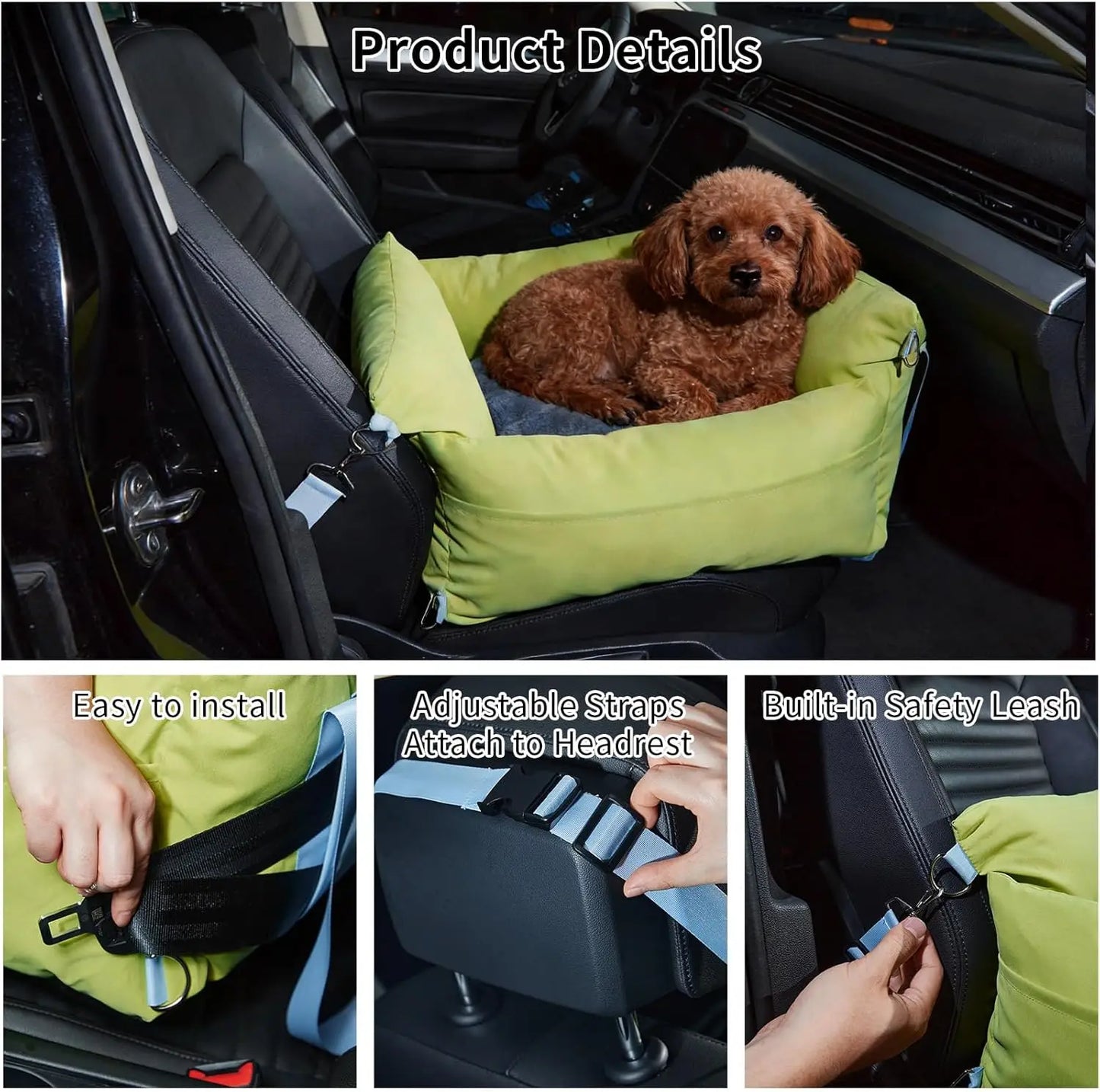 Car Seat for Small Pets, Safety Leash, Storage Pockets