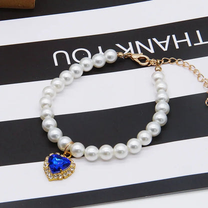 Pearl Necklace Cat Collar With Heart Stone