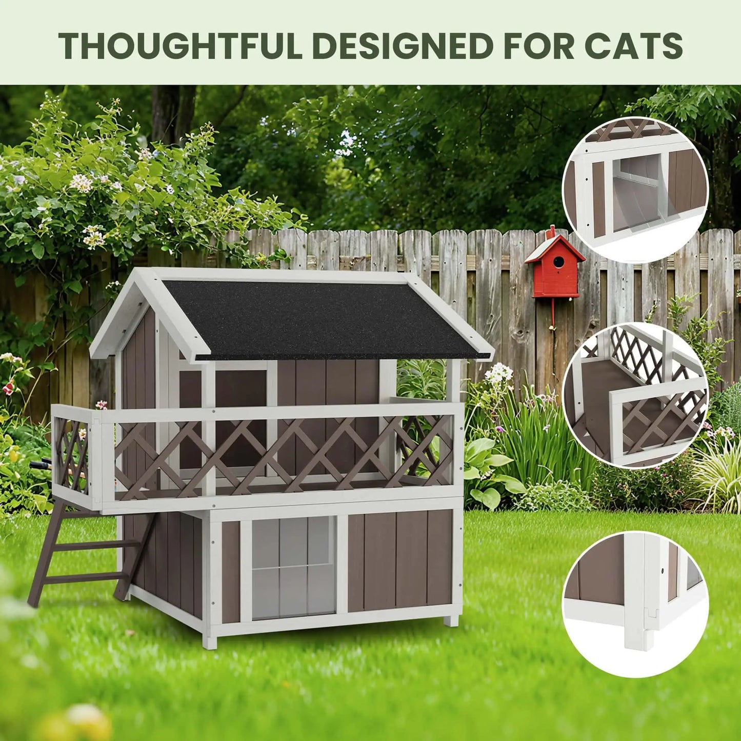Weatherproof 2-Story Outdoor Cat House Wooden Shelter Elevated