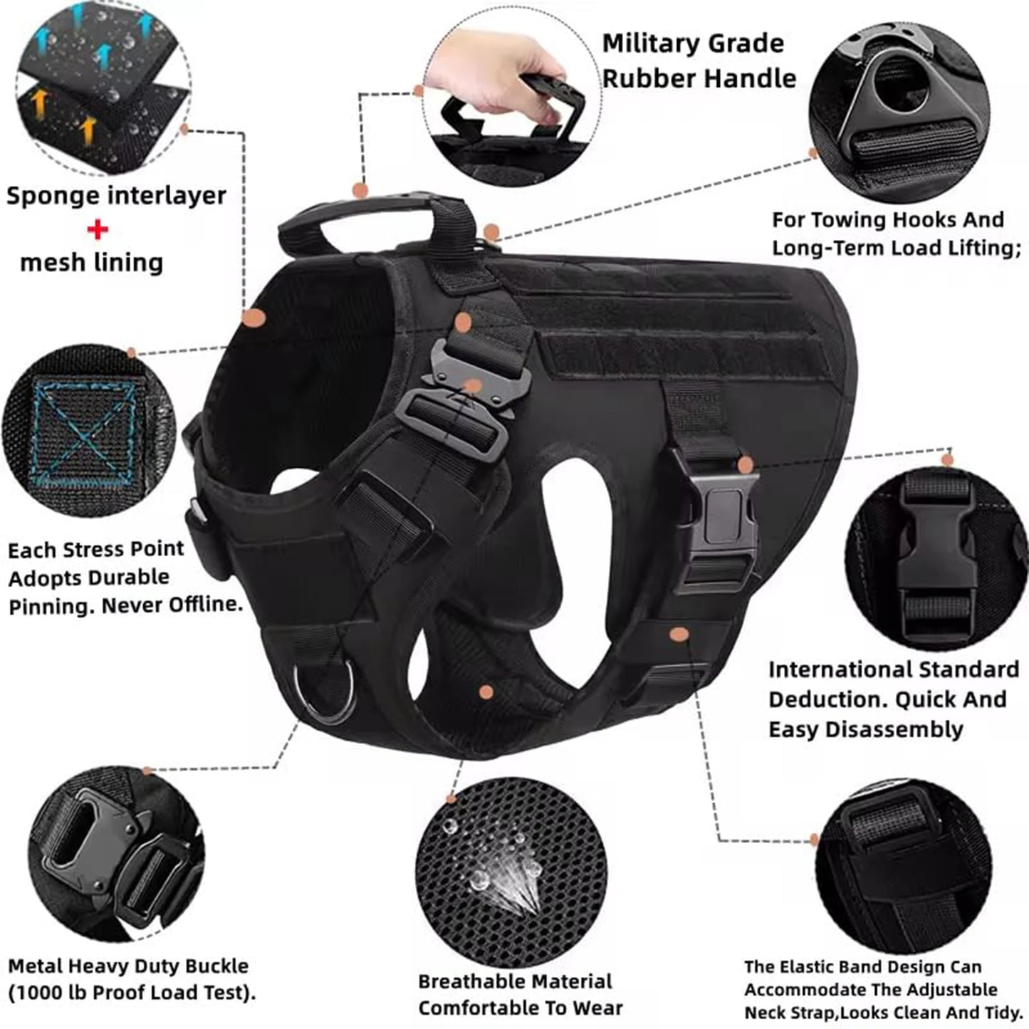 Tactical Dog Harness Collar Leash Molle Pouches