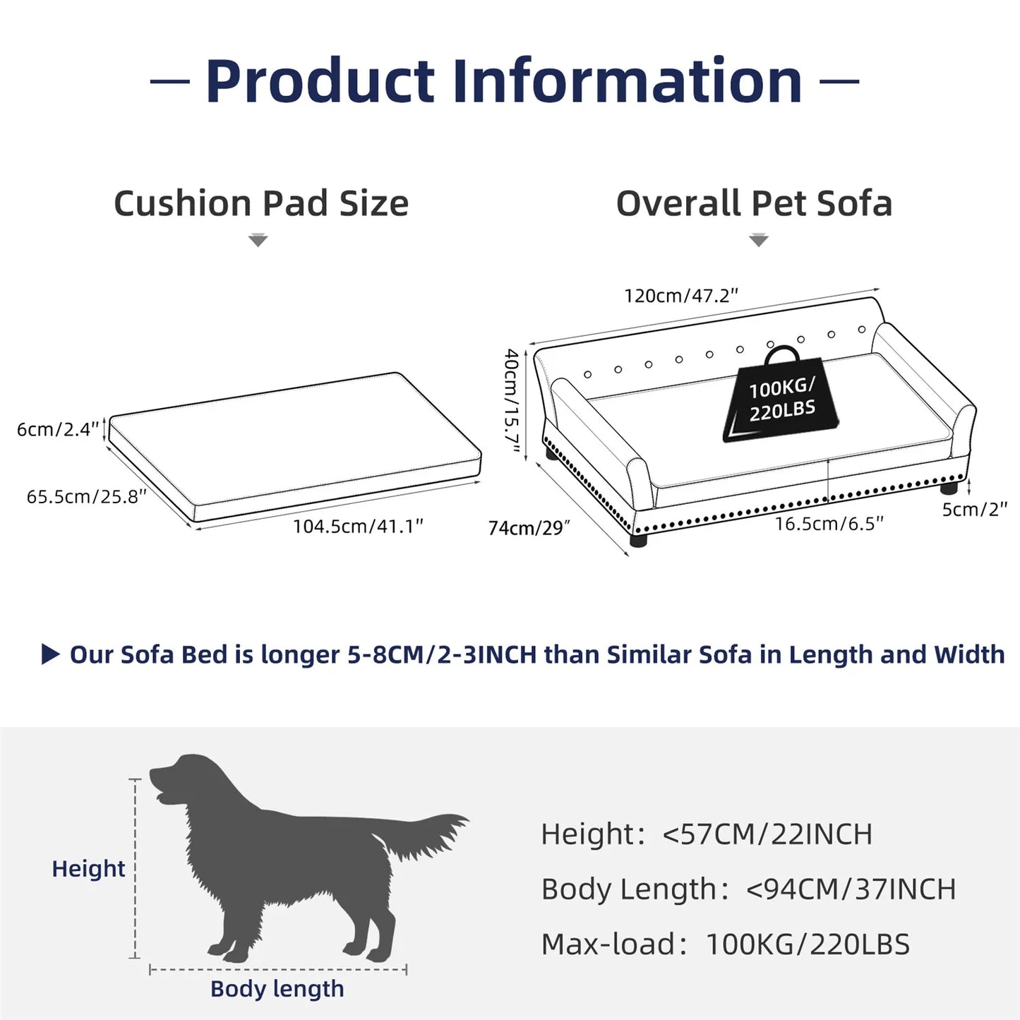 XL Dog Sofa Bed Deluxe, Tufted, Elevated