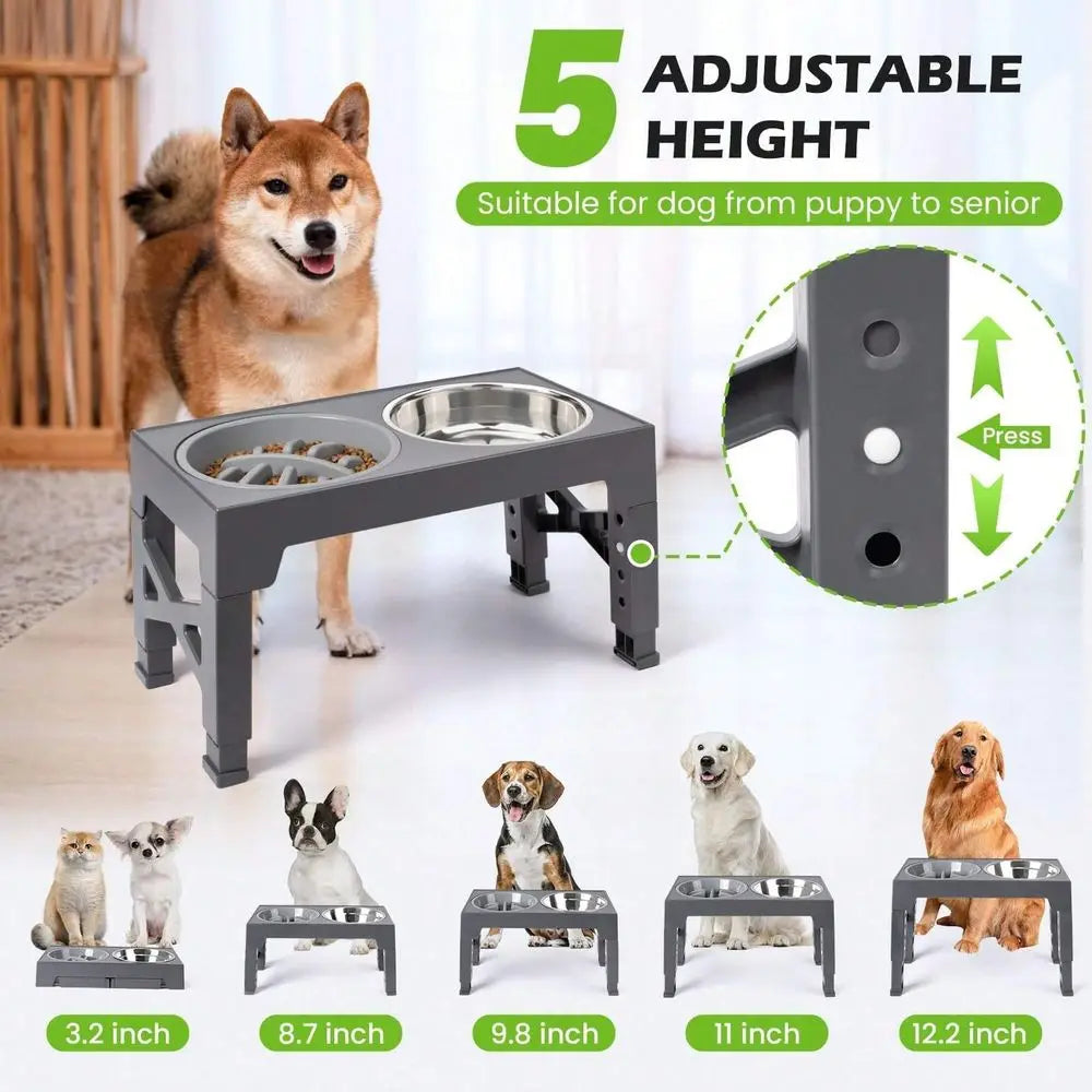 2 Stainless Steel Dog Bowls, Raised, Adjustable Heights, Stand