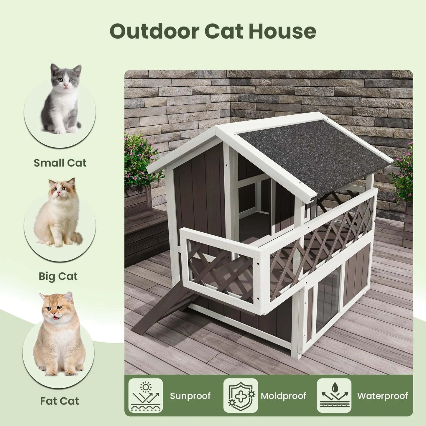 Weatherproof 2-Story Outdoor Cat House Wooden Shelter Elevated