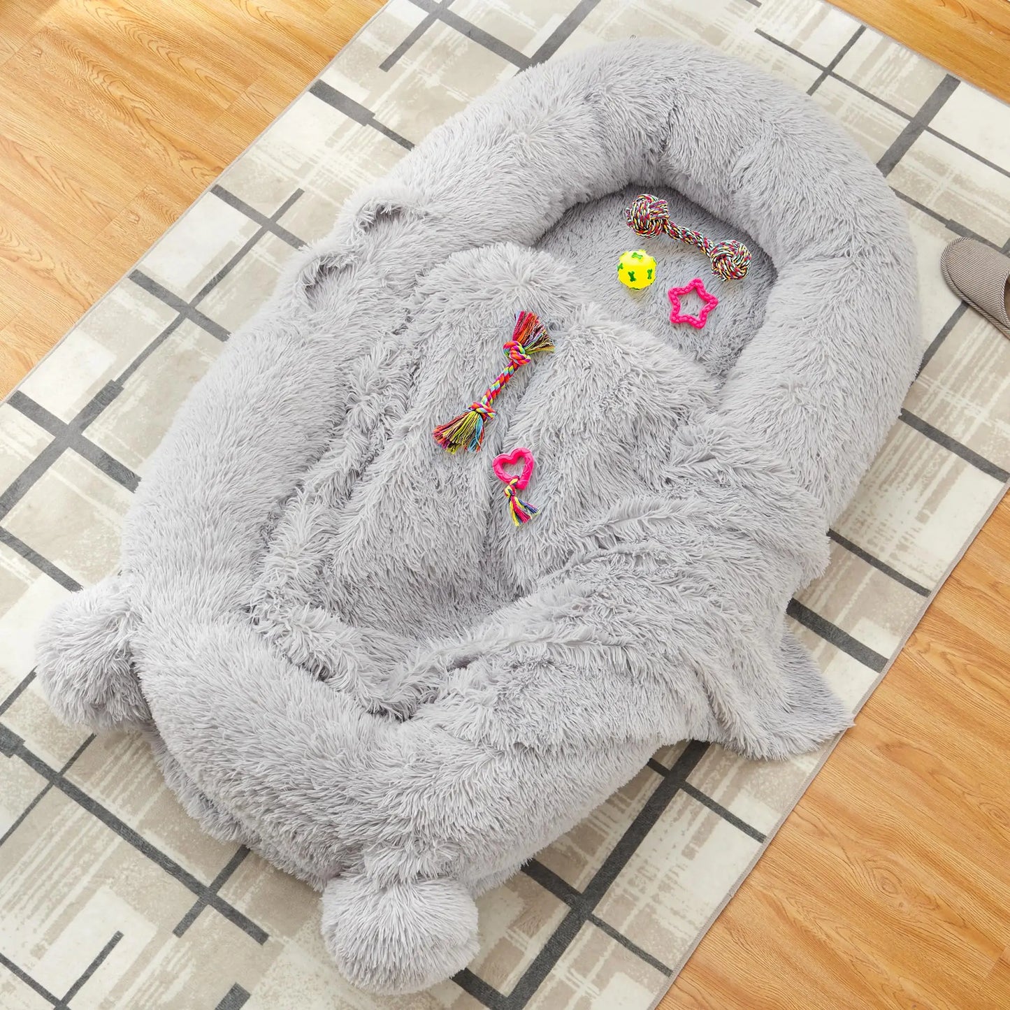 Human Size Dog Bed For Adults & Pets, Storage Pockets, Matching Blanket