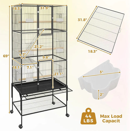 69-Inch Rolling Bird Cage with Storage Shelf,Feed Bowls & Wood Perches