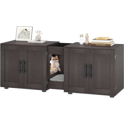 Wooden Cabinet Double Compartments, Scratching Pad, Litter Box, Enclosure for Cat Supplies