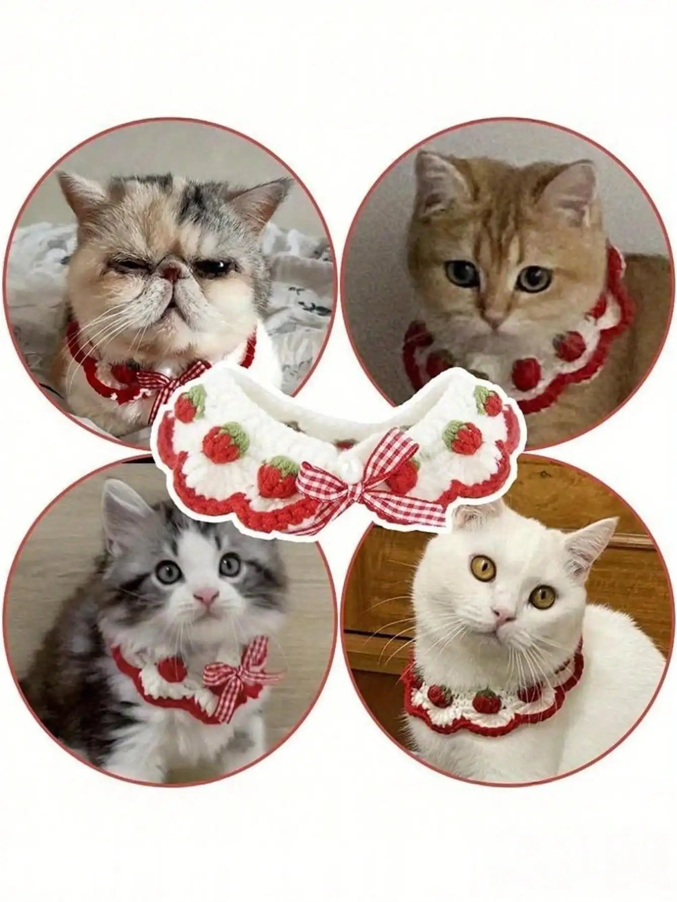 Strawberry Bow Crochet Cat Decorative Neck Wear