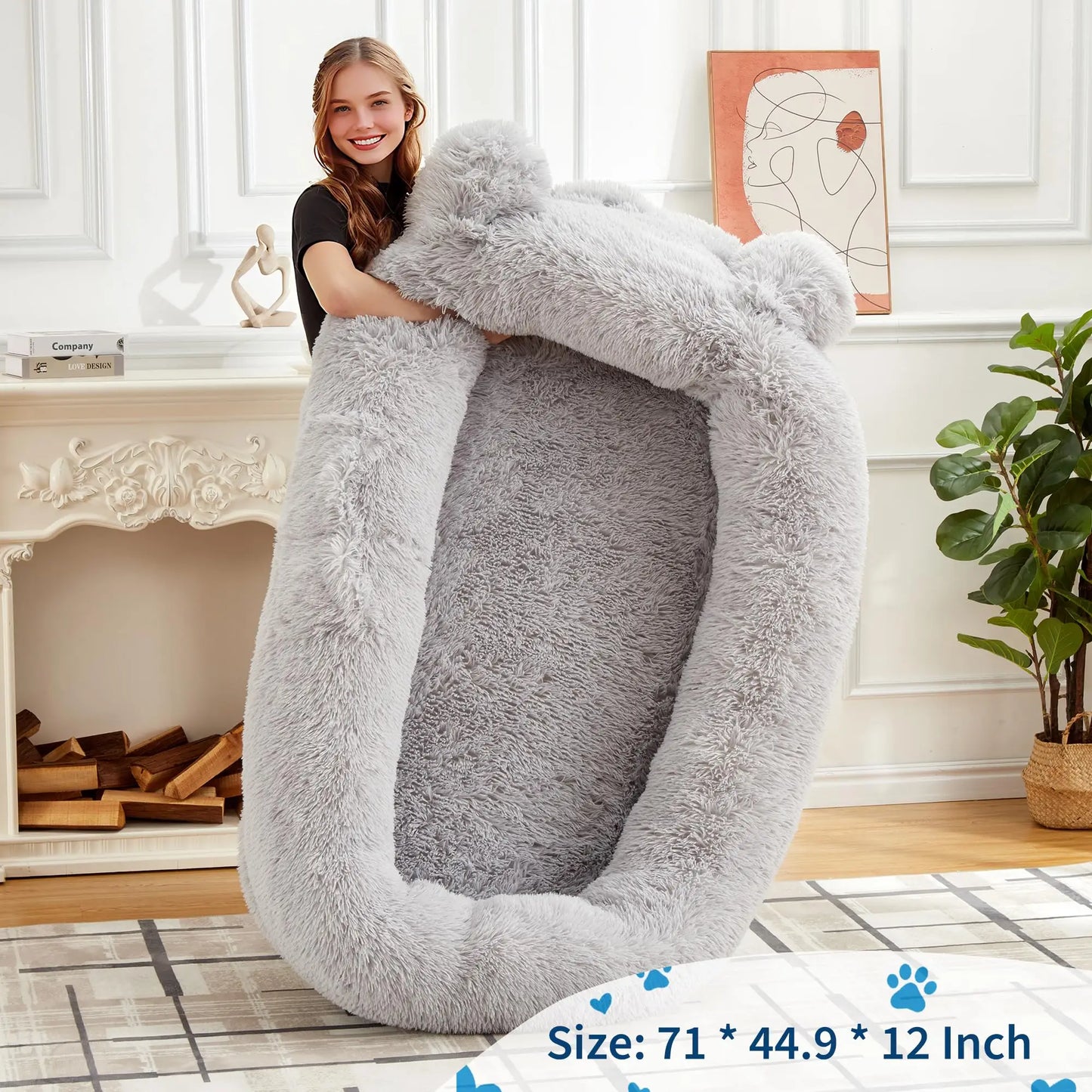 Human Size Dog Bed For Adults & Pets, Storage Pockets, Matching Blanket