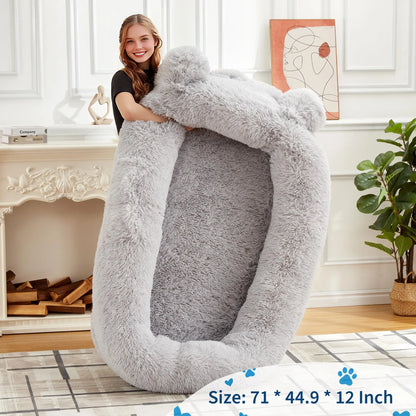 Human Size Dog Bed For Adults & Pets, Storage Pockets, Matching Blanket