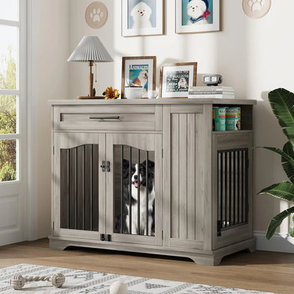 Dog Kennel With Drawer, Side Storage, Feeding Station