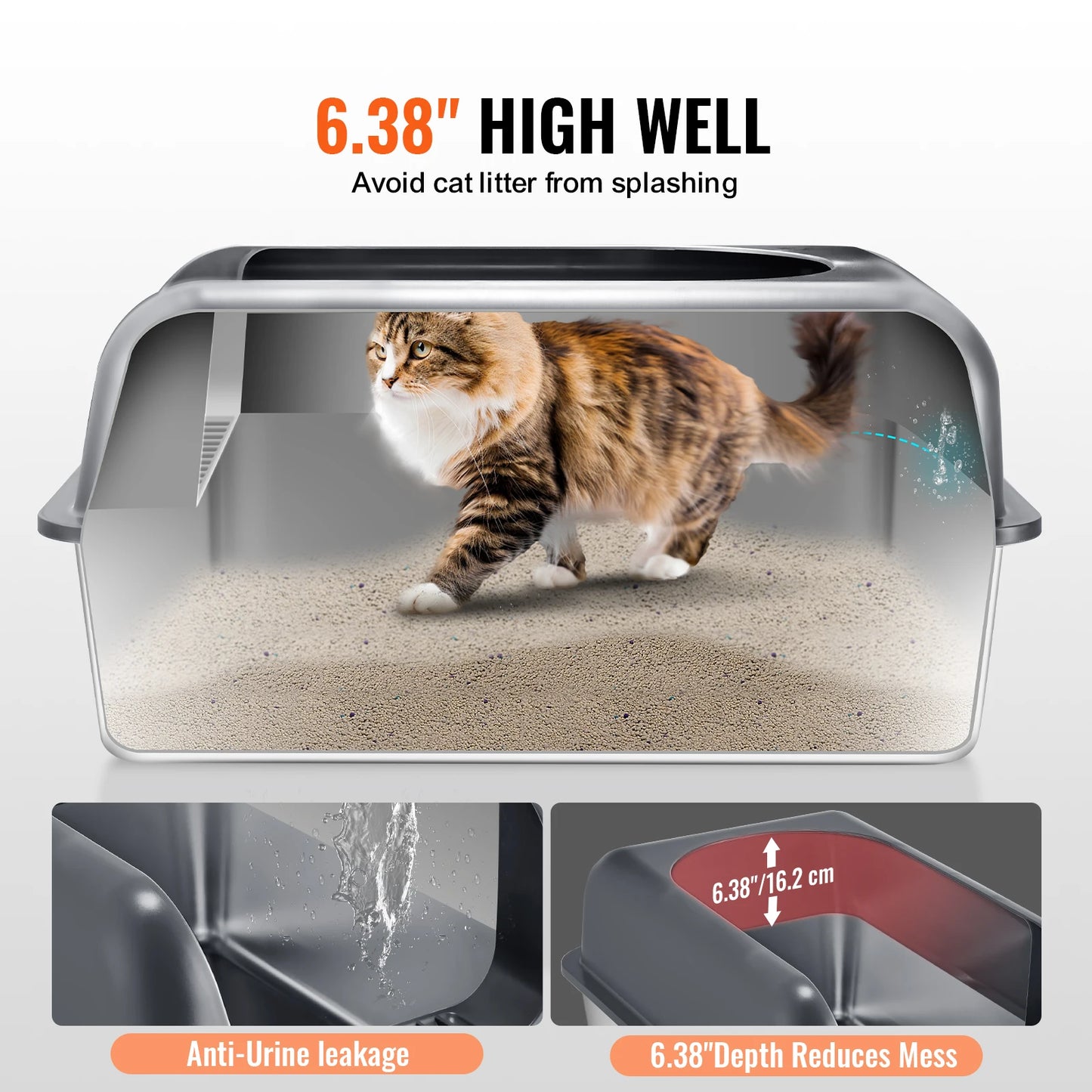 Cat Litter Box, Stainless Steel, High Sides