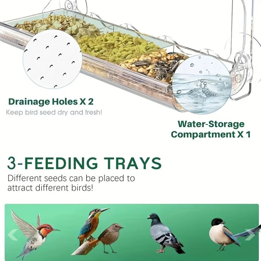 Window Bird Feeder, Removable Seed & Water Tray, Adhesive Hooks