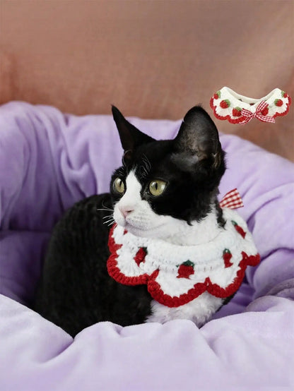 Strawberry Bow Crochet Cat Decorative Neck Wear
