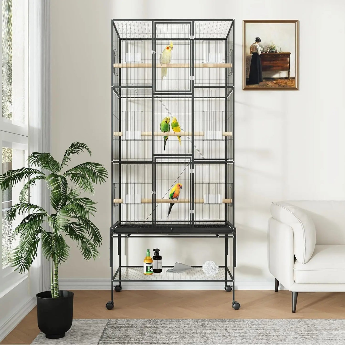 69-Inch Rolling Bird Cage with Storage Shelf,Feed Bowls & Wood Perches