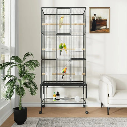 69-Inch Rolling Bird Cage with Storage Shelf,Feed Bowls & Wood Perches
