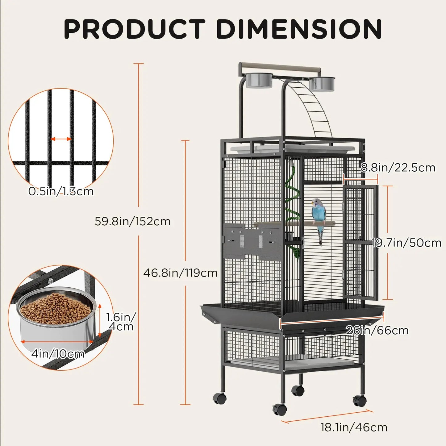 60" Metal Bird Cage With Play Top, Rolling Stand, Flight Enclosure